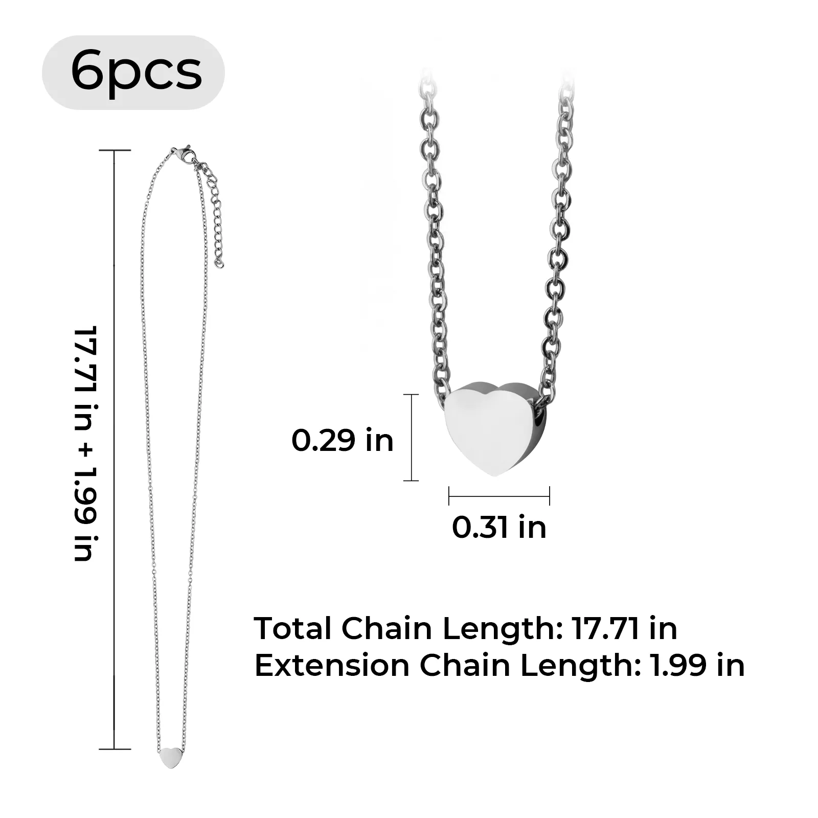 Collier cœur en acier inoxydable argenté (6 pcs) - Image 3