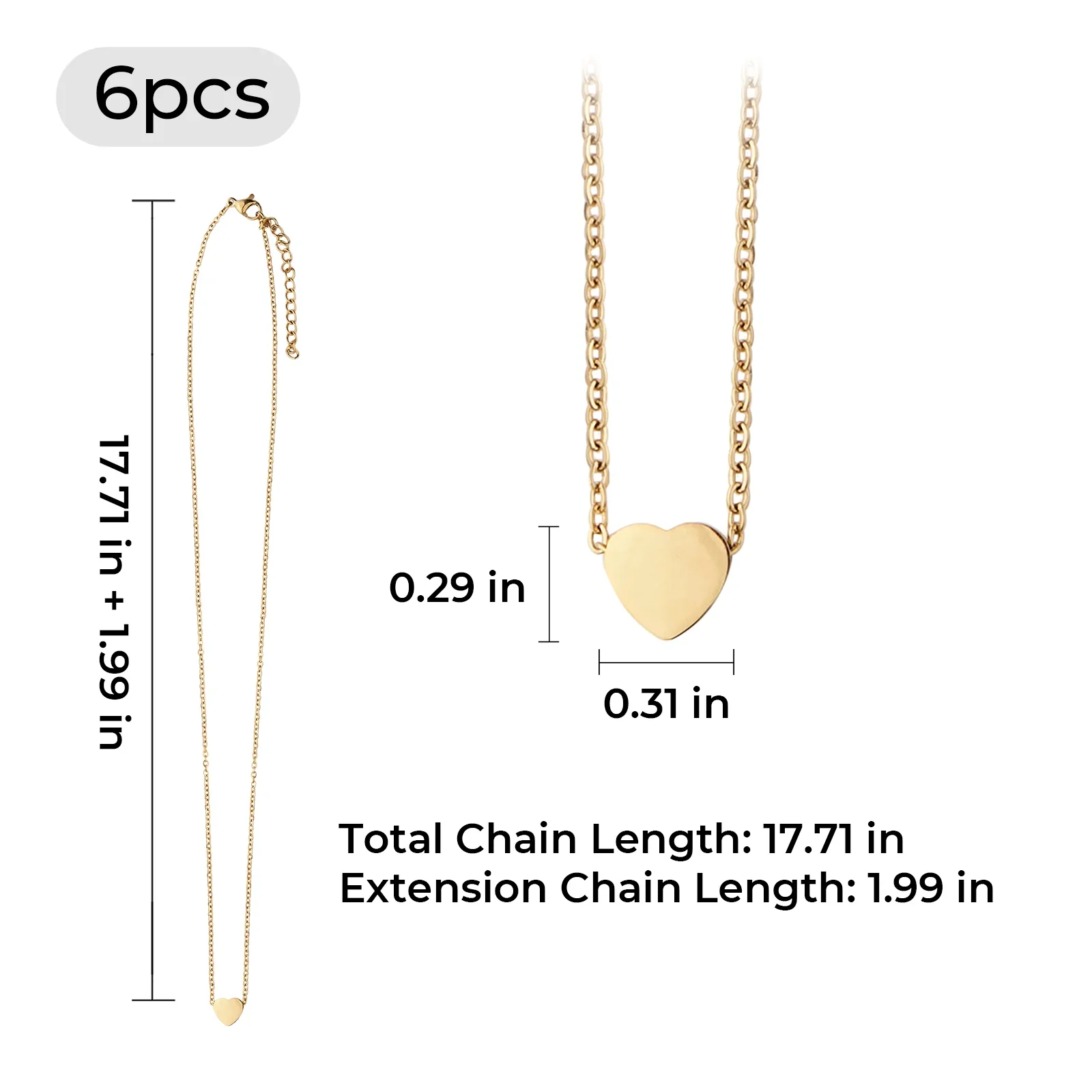 Collier en acier inoxydable doré en forme de cœur (6 pièces) - Image 3