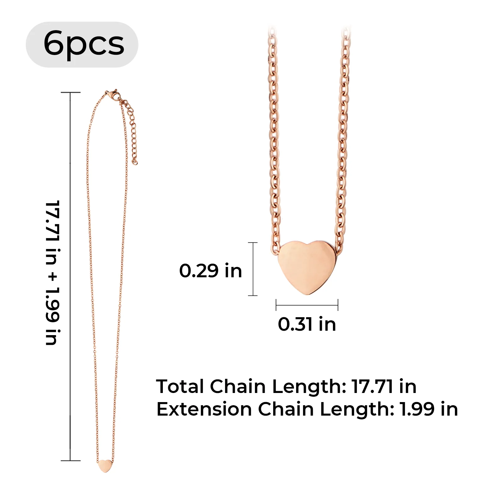 Collier en acier inoxydable rose doré en forme de cœur (6 pièces) - Image 3