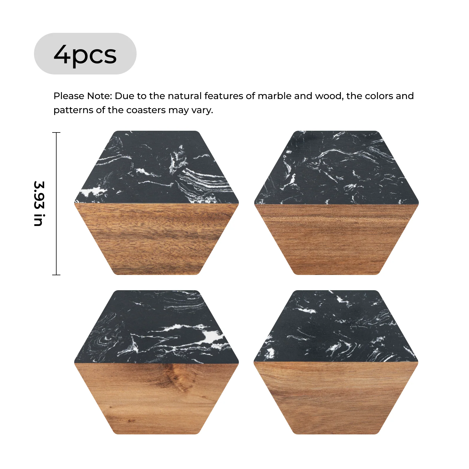 Sous-verres hexagonaux en marbre noir et bois (4 pcs) - Image 3