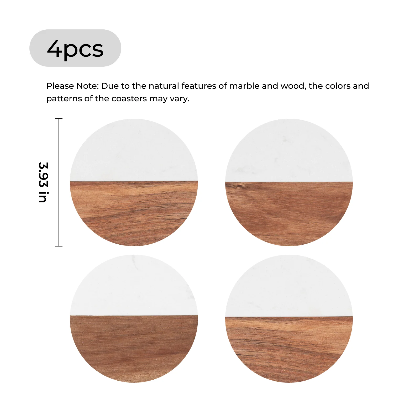 Sous-verres ronds en marbre blanc et bois (4 pcs) - Image 3