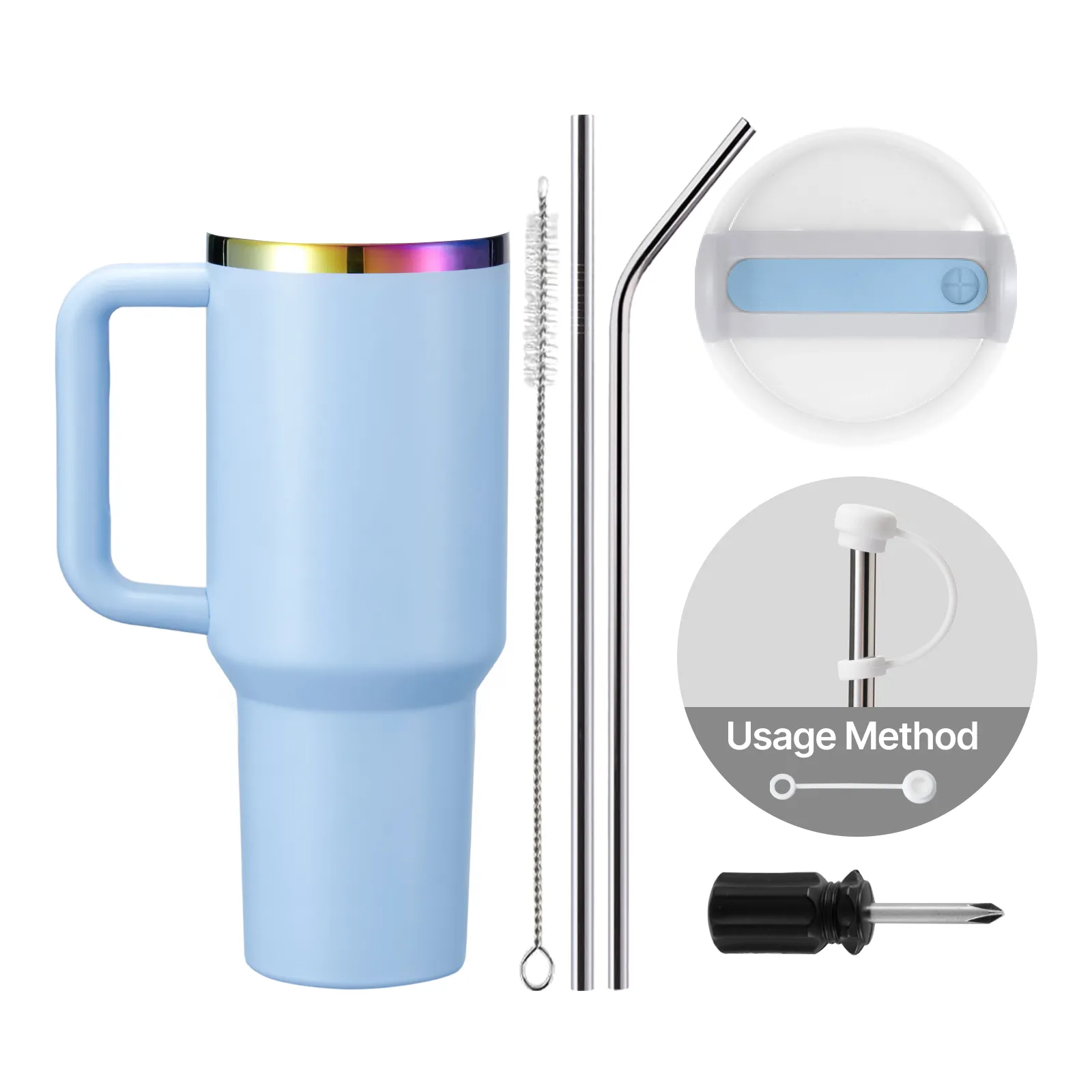 Gobelet en acier inoxydable bleu pastel irisé phosphorescent avec poignée (1,2 L / 40oz) - Image 5