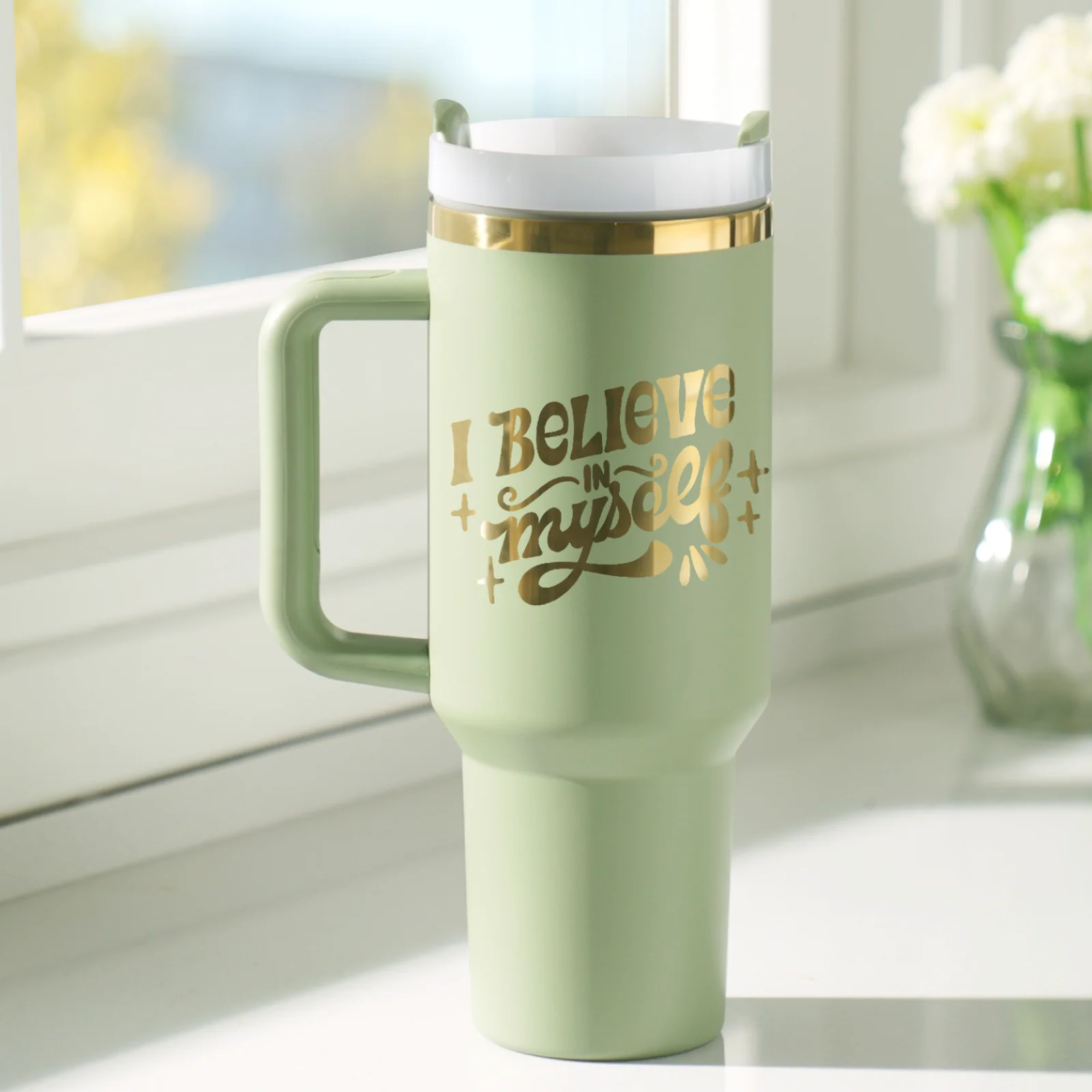 Tumbler en acier inoxydable vert armée à doré avec poignée amovible (1,18 L) - Image 3